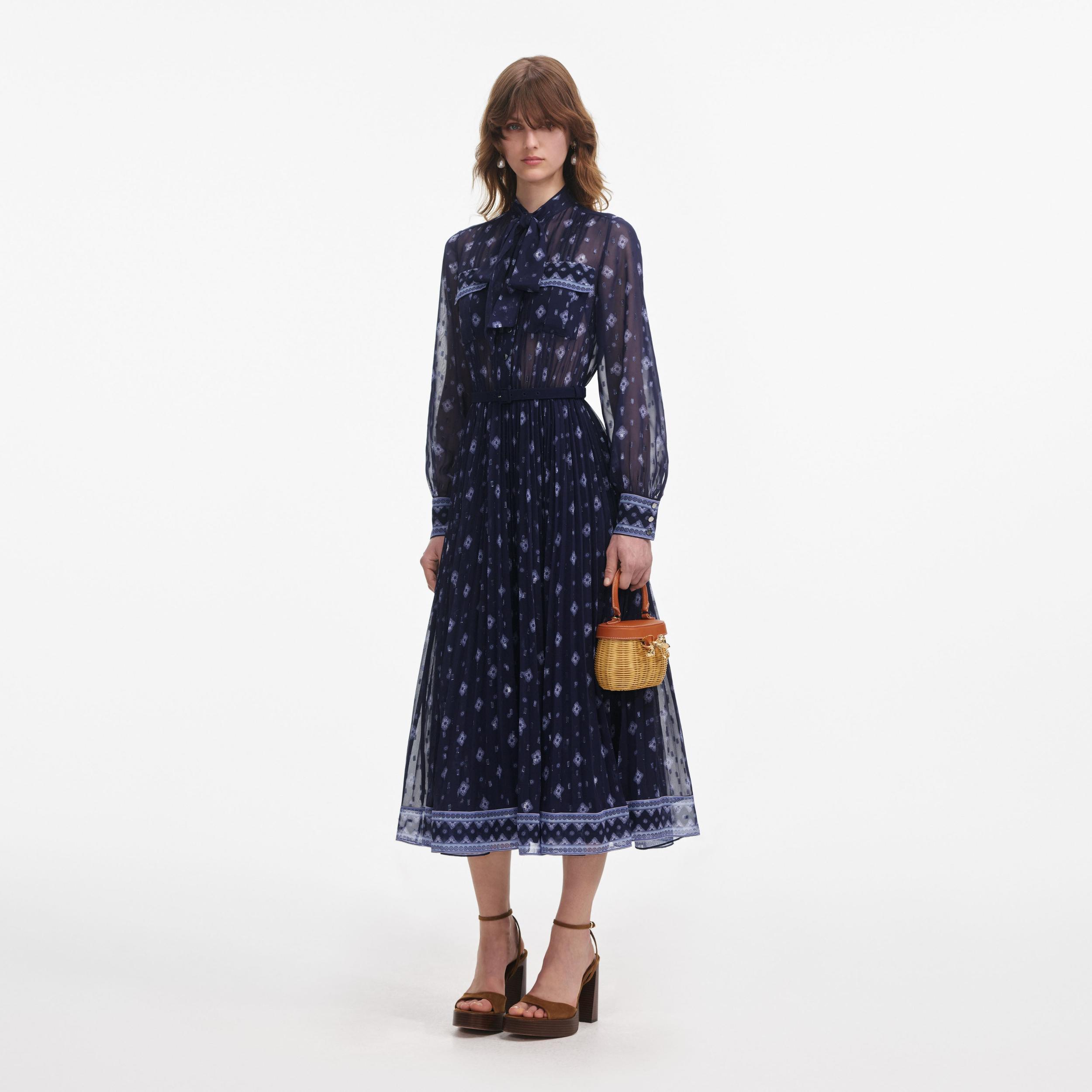 Navy Printed Chiffon Midi Dress Product Image
