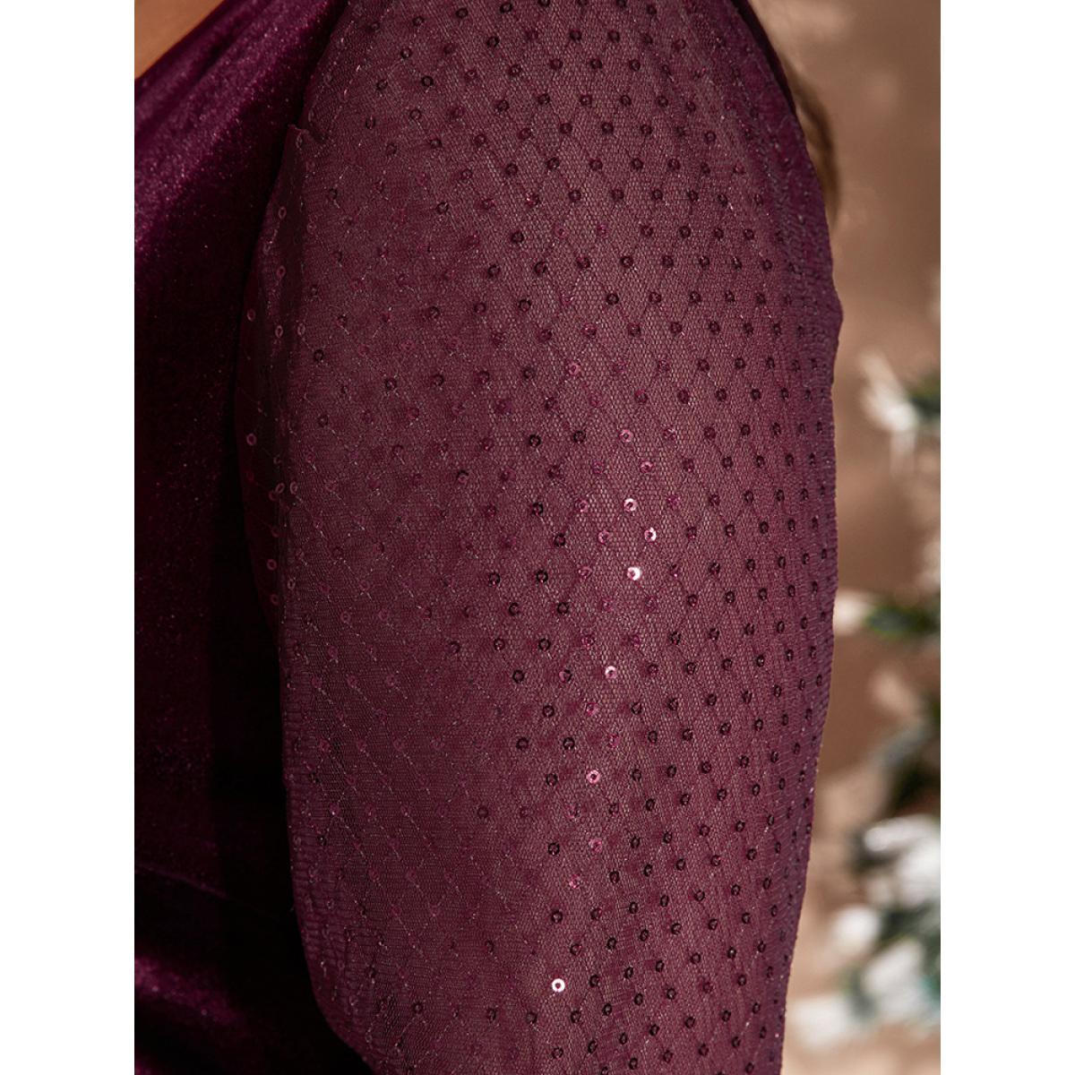 Plus Size Solid V Neck Sequin Velvet Dress Without Belt Scarlet Women Dating V-neck Long Sleeve Curvy Midi Dress BloomChic 14-16/1X Product Image