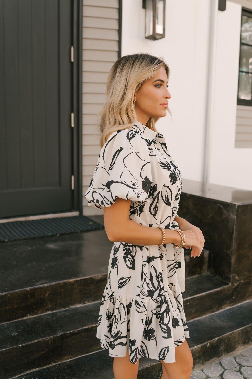 Ivory Puff Sleeve Print Mini Dress - FINAL SALE Product Image