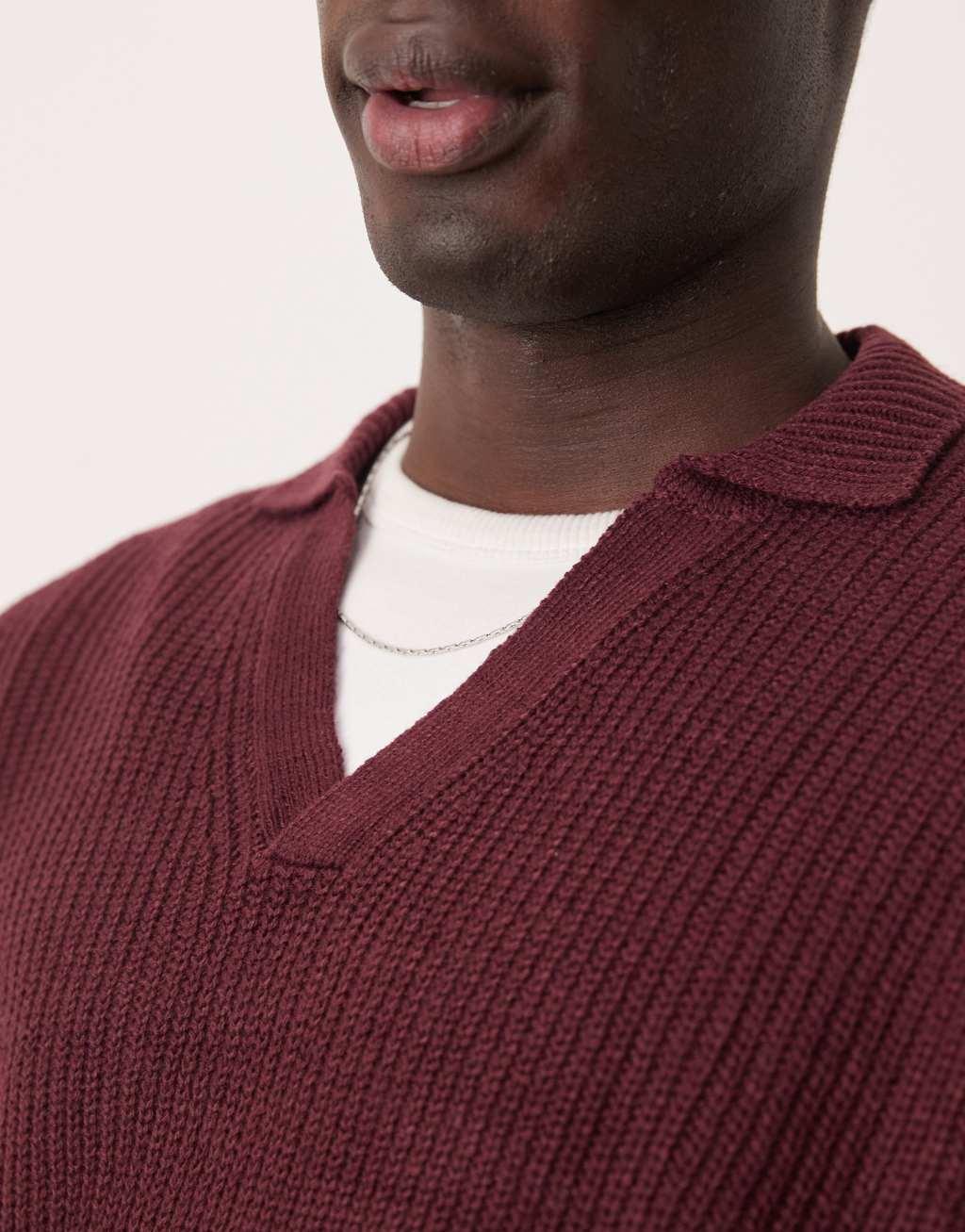 ASOS DESIGN oversized ribbed knit sweater with notch neck in burgundy Product Image