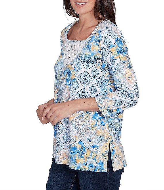 Ruby Rd. Stretch Knit Watercolor Mixed Print Square Neck 3/4 Sleeve Top Product Image