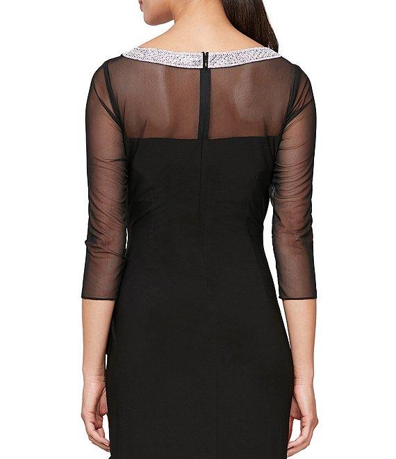 Alex Evenings Illusion Mesh 3/4 Sleeve Round Neck Side Slit Ruched Gown Product Image