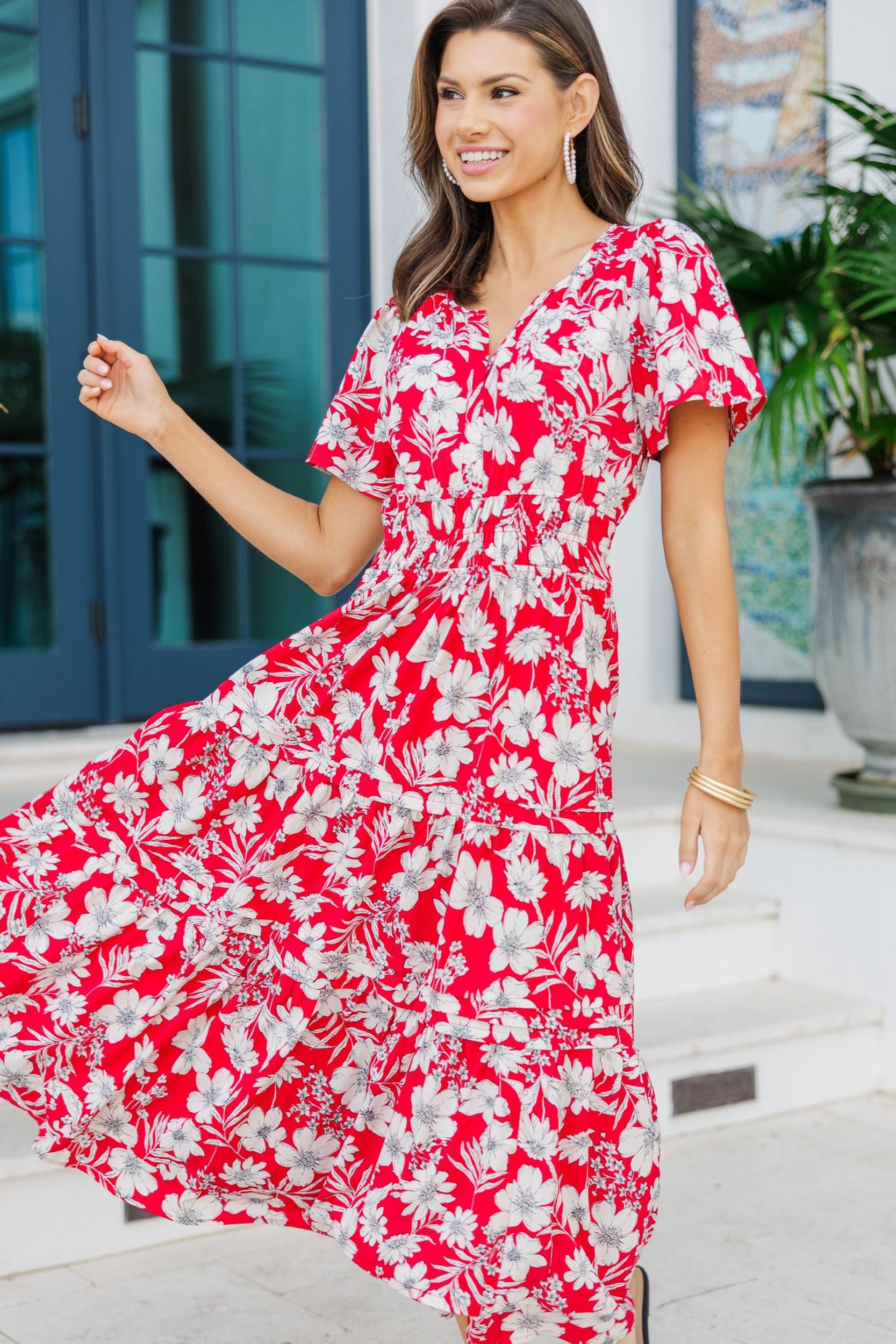 It's In The Air Red Floral Tiered Midi Dress Female Product Image