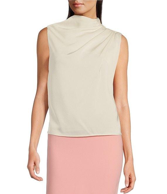 Donna Karan Draped Satin Sleeveless Mock Neck Gathered Shoulder Blouse Product Image