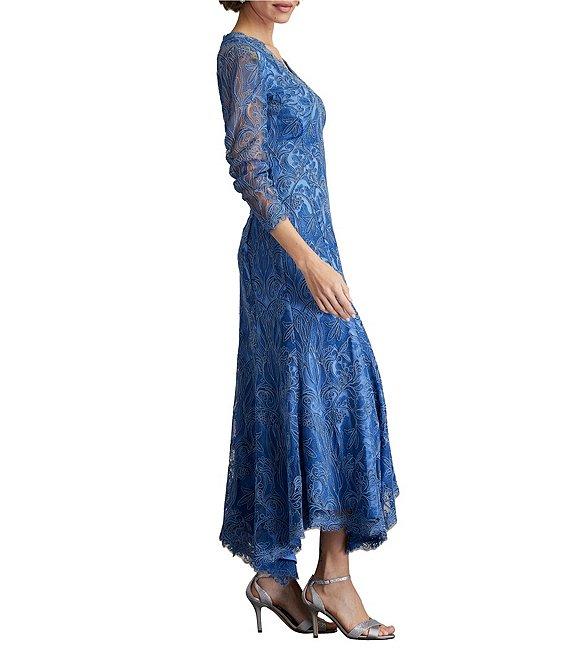 Tadashi Shoji Embroidered Corded Lace V-Neck 3/4 Sleeve High Low Midi Dress Product Image