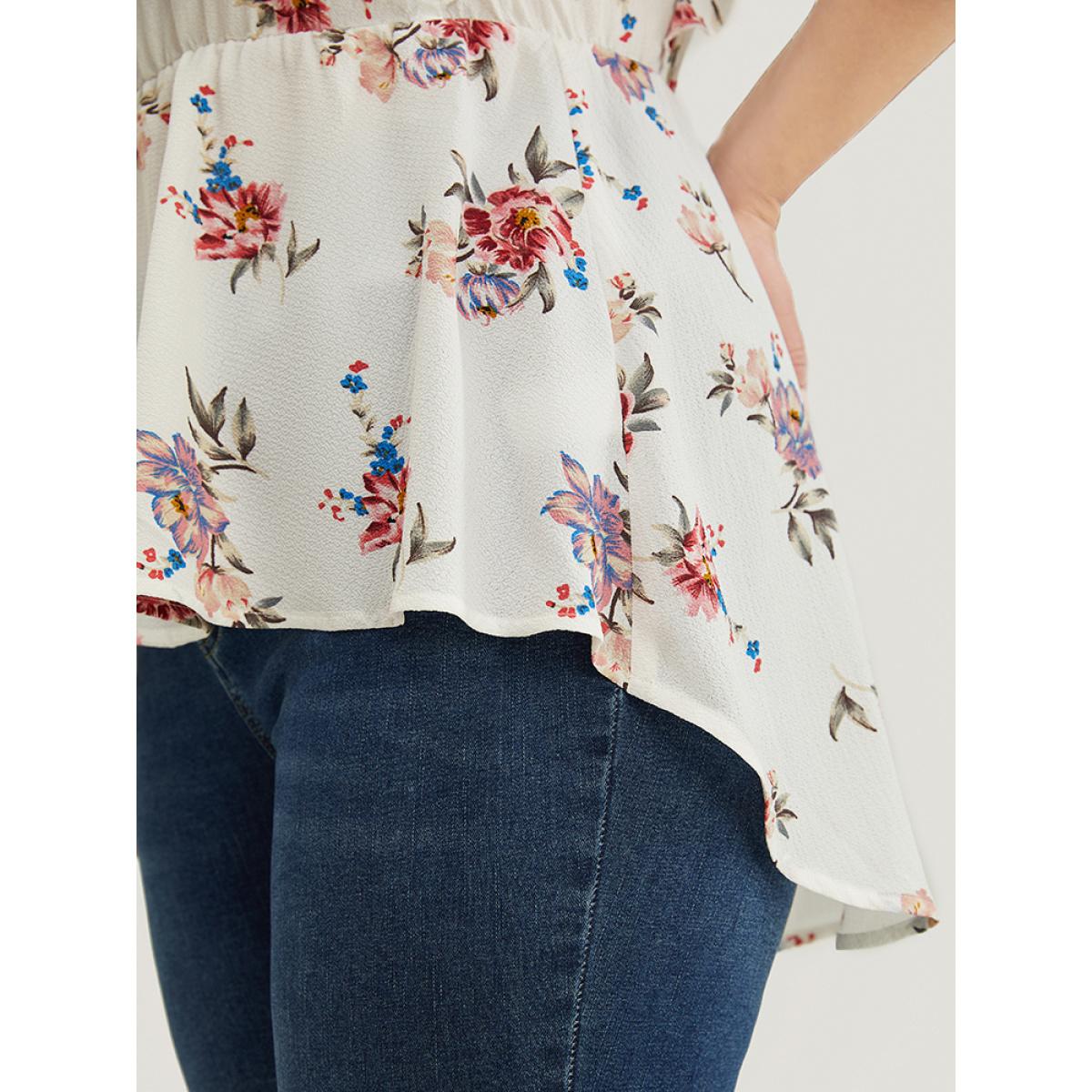 Plus Size White Floral Print Round Neck Ruffles High Low Hem Blouse Women Elegant Short sleeve Round Neck Dailywear Blouses BloomChic 10/M Product Image