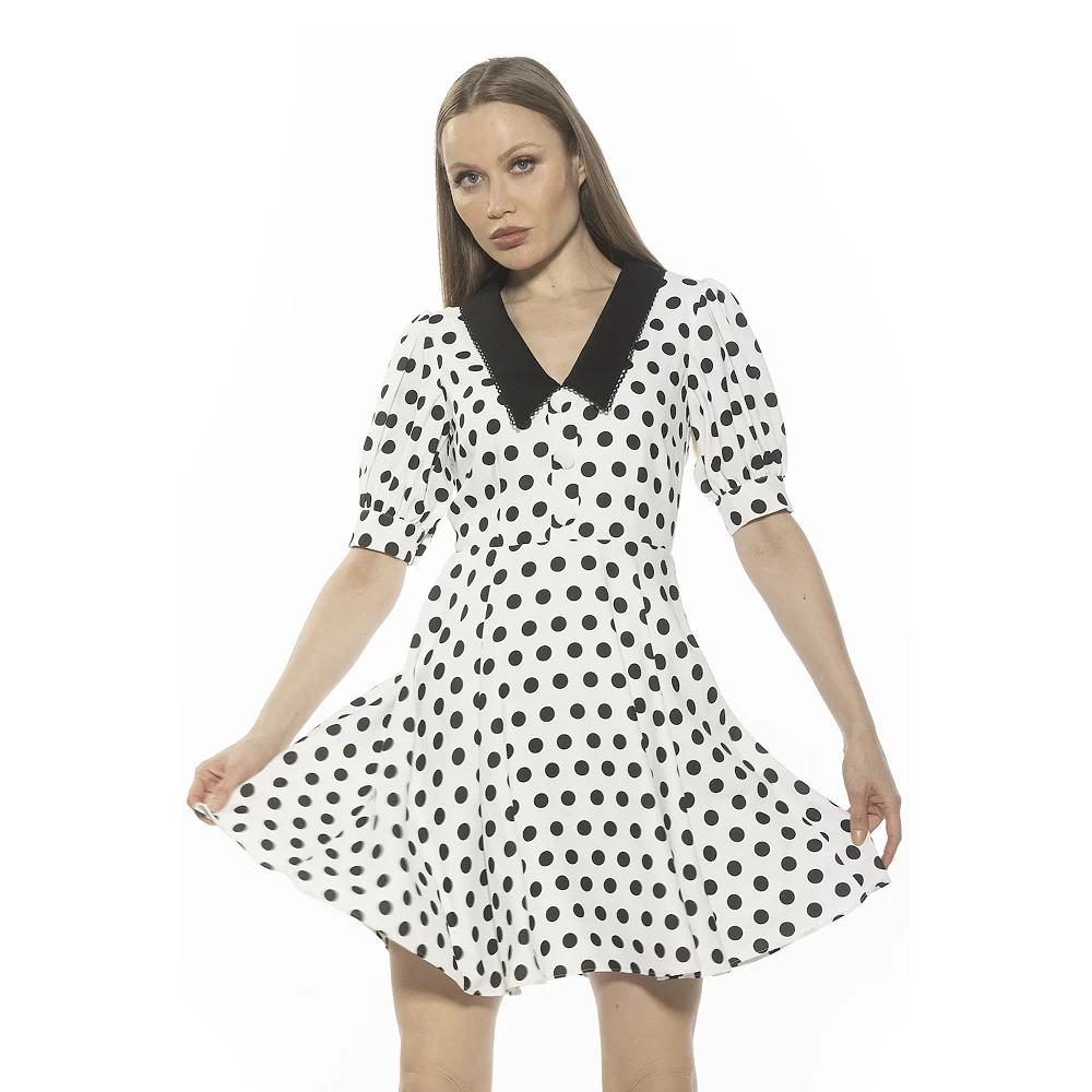 Women's ALEXIA ADMOR Carys Dropped Collar Puff Sleeve Fit And Flare Dress, Size: 6, Ivory Polka Dot Product Image