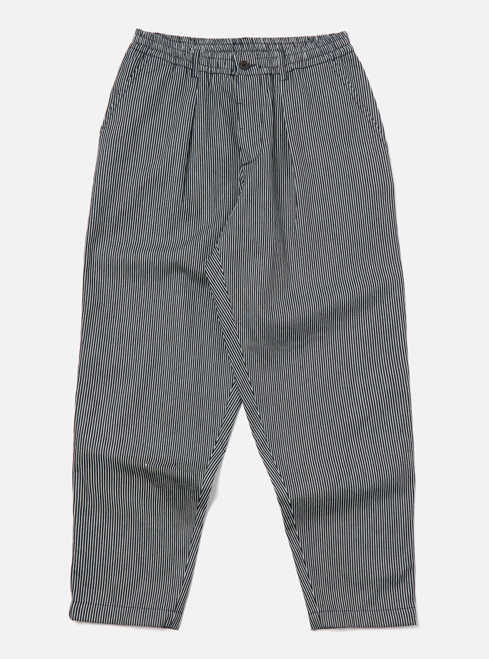 Universal Works Pleated Track Pant in Indigo Hickory Stripe Denim Product Image