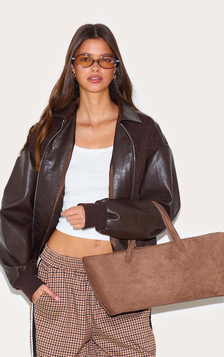 Chocolate Faux Suede Elongated Hand Bag Product Image