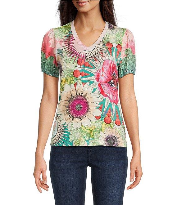 JOHNNY WAS The Janie Favorite Emily Abstract Floral Print V-Neck Short Puff Sleeve Knit Tee Product Image