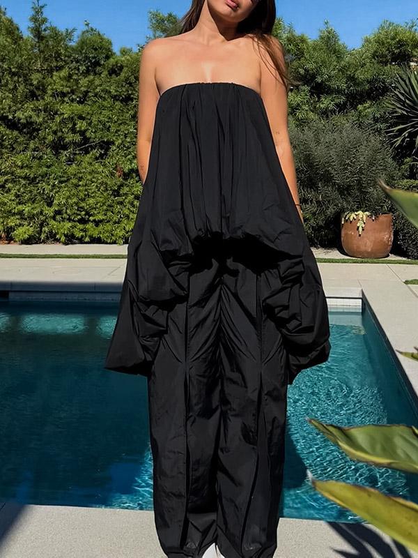 High-Low Sleeveless Elasticity Pleated Solid Color Split-Joint Tube Blouses&Shirts Tops Product Image