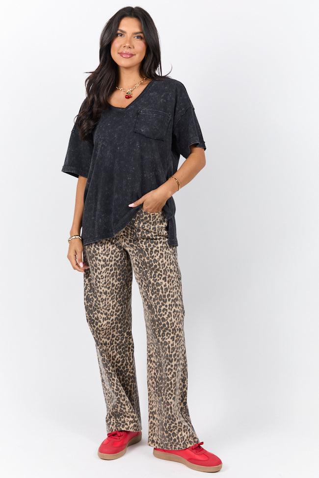 When We Meet Black Oversized Acid Wash V-Neck Tee Product Image