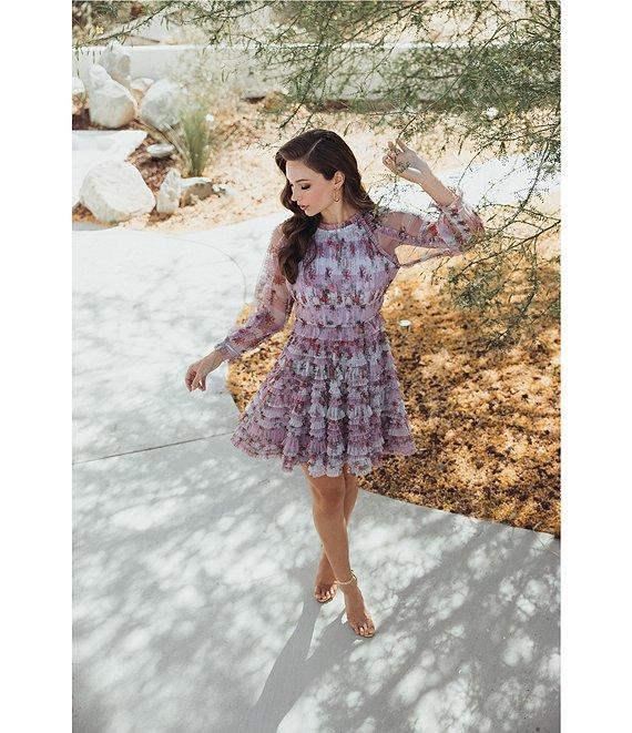 Mac Duggal Floral Mesh Long Sleeve Ruffle Mini Dress Product Image