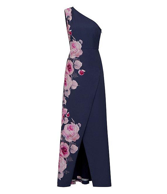Kay Unger Stretch Crepe Floral Placement Print One Shoulder Neck Sleeveless Sheath Gown Product Image