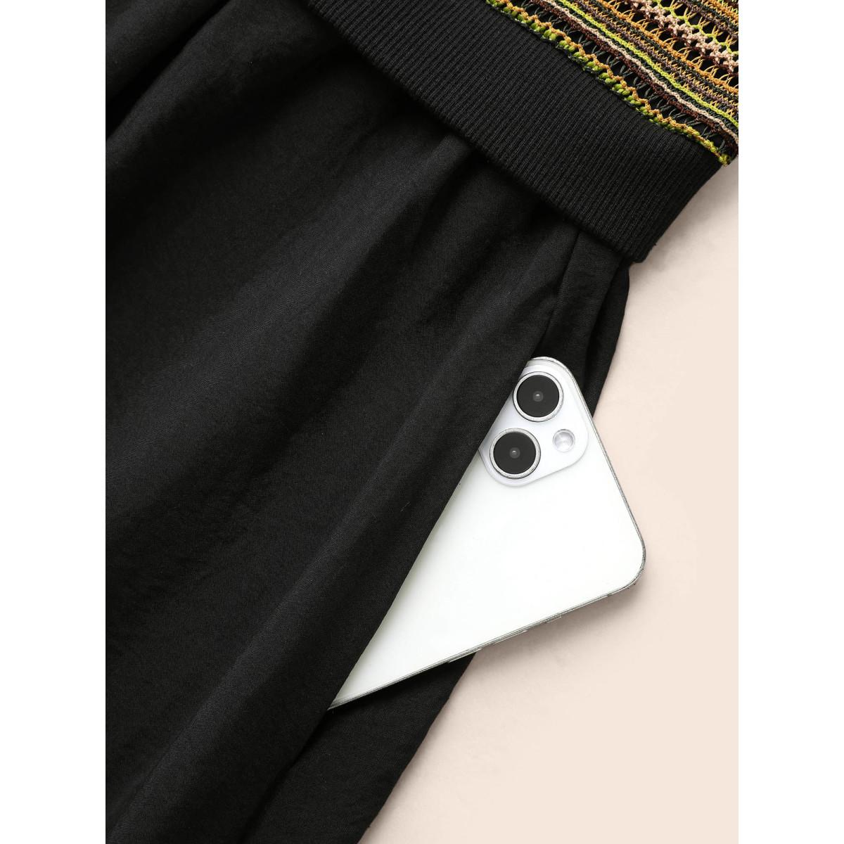 Plus Size Striped Patchwork Texture Lantern Sleeve Dress Black Women Elegant Texture Round Neck Long Sleeve Curvy BloomChic 18-20/2X Product Image