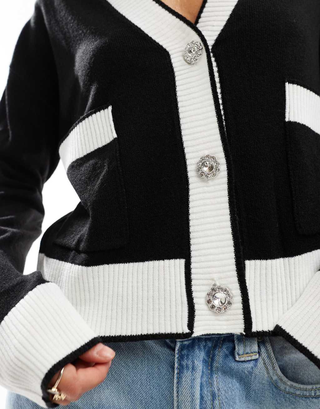 Brave Soul contrast trim cardigan with diamante buttons in black Product Image