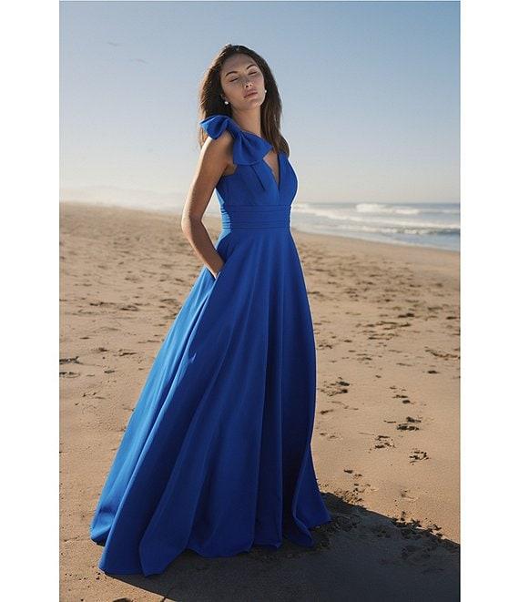 Mac Duggal Deep V-Neck Bow Shoulder Crepe Ballgown Product Image