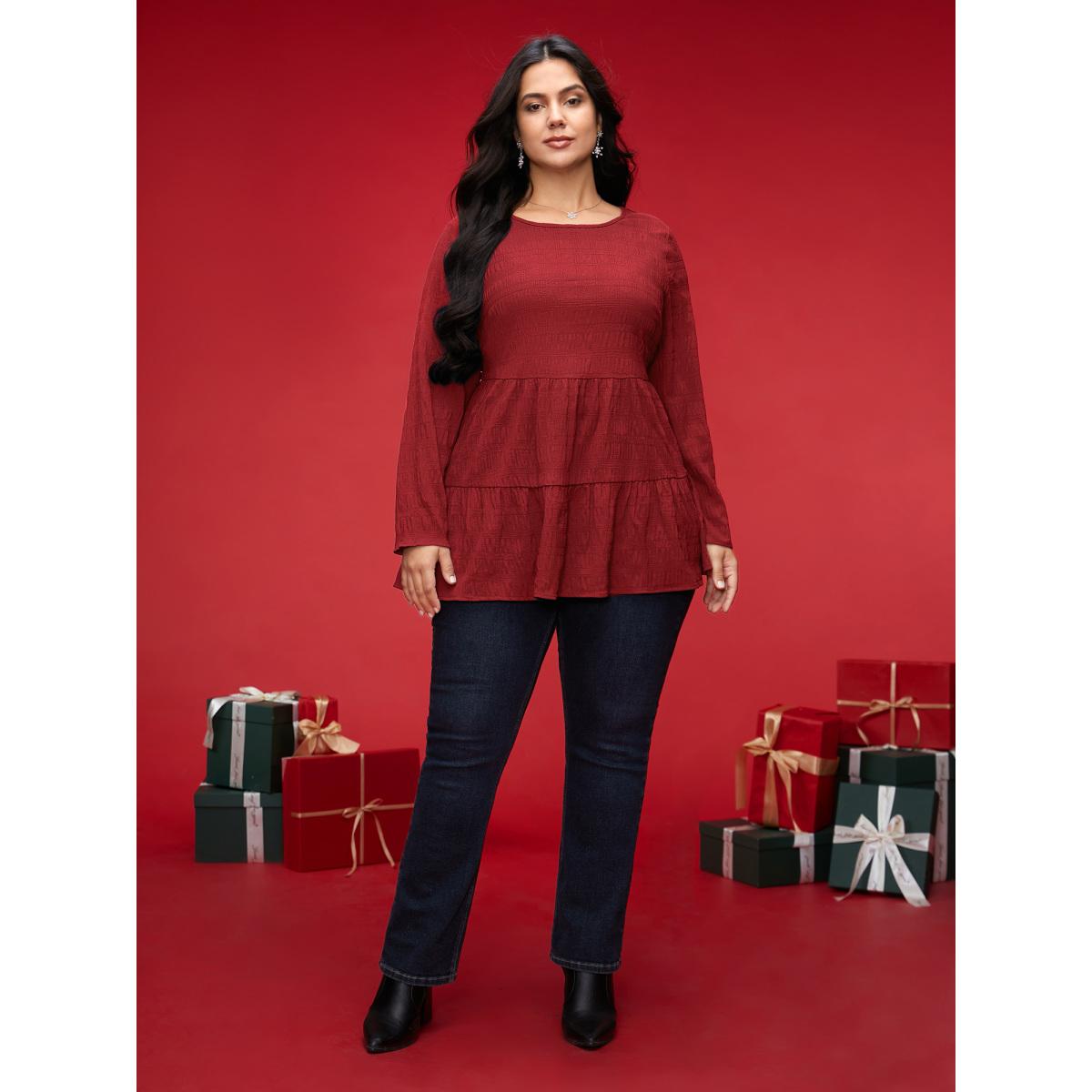 Plus Size Deepred Textured Round Neck Tiered Hem Blouse Women Casual Long Sleeve Round Neck Everyday Blouses BloomChic 18-20/2X Product Image