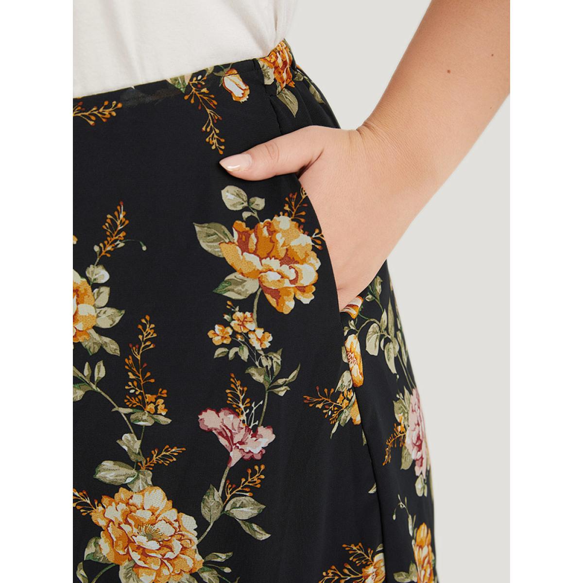 Plus Size Floral Printed Flutter Layered Skirt Women Black Elegant See through No stretch Pocket Dailywear Skirts BloomChic 12/L Product Image