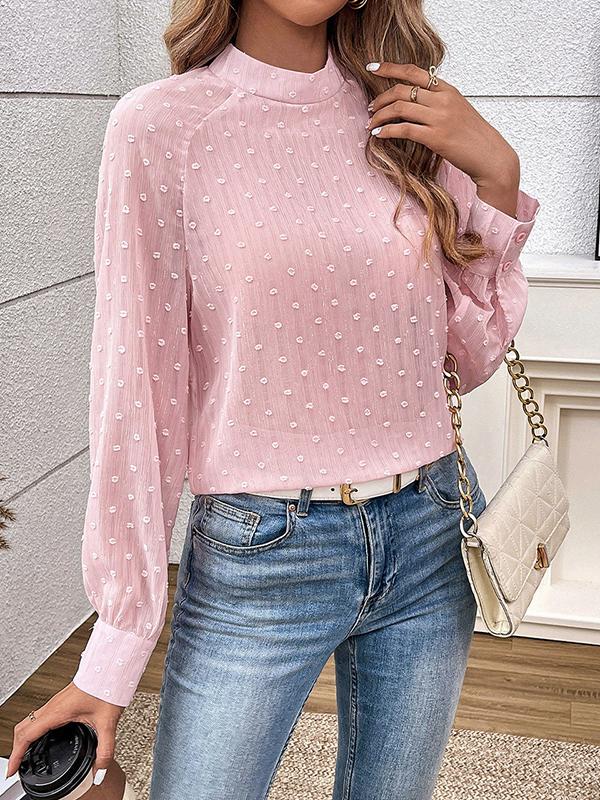 Long Sleeves Loose Buttoned Hollow Jacquard Solid Color Mock Neck Blouses&Shirts Tops Product Image