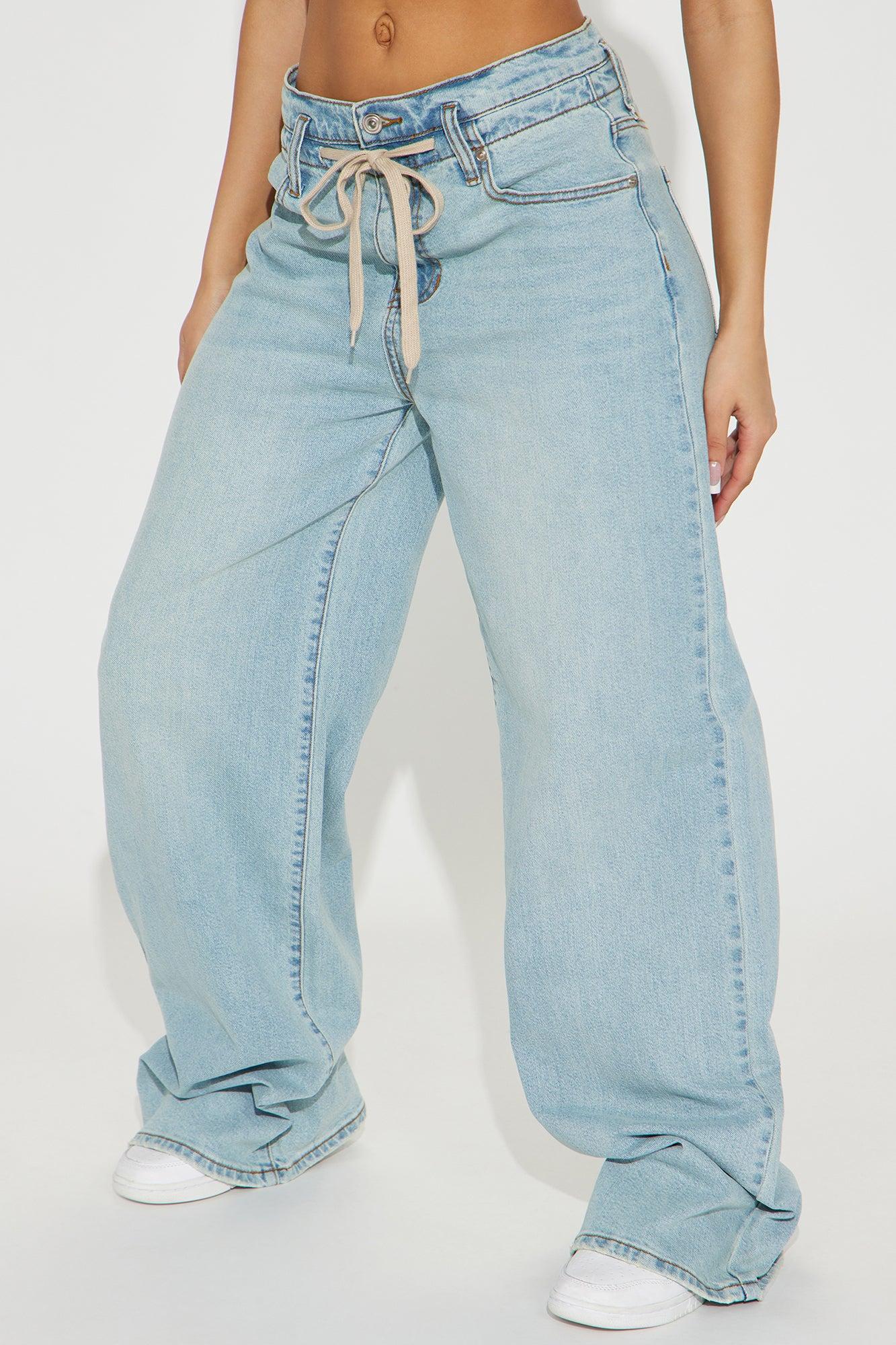 Main Reason Tie Waist Baggy Jeans - Light Wash Product Image