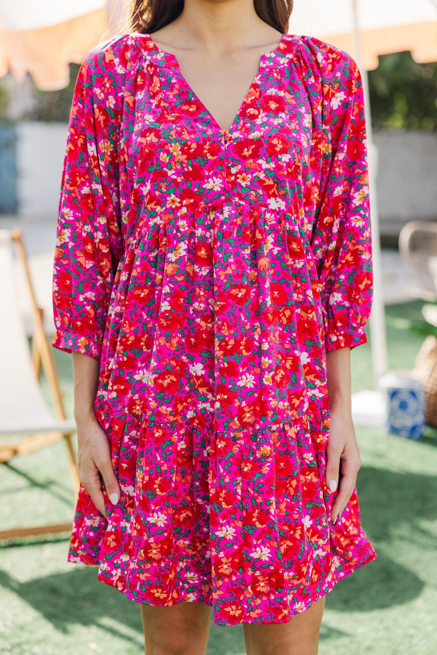 Can't Be Outdone Fuchsia Pink Ditsy Floral Babydoll Dress Female Product Image