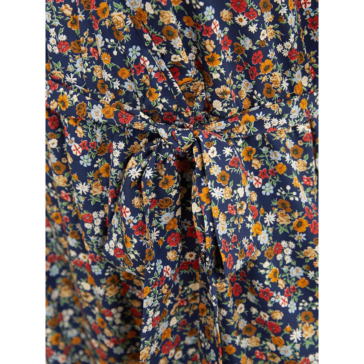 Plus Size DarkBlue Ditsy Floral Flutter Sleeve Pocket Belted Wrap Jumpsuit Women Elegant Short sleeve V-neck Dailywear Loose Jumpsuits BloomChic 30/6X Product Image