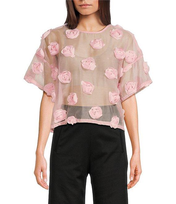 COREY LYNN CALTER Woven 3D Flower Crew Neck Short Sleeve Sheer Top Product Image