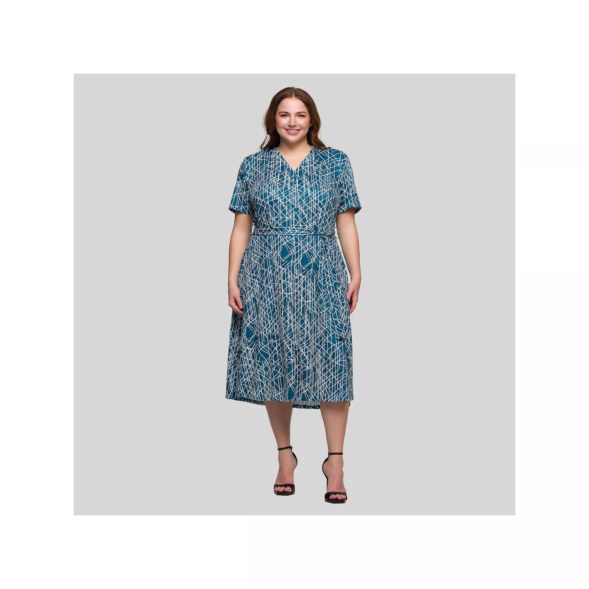 Plus Size 24Seven Comfort Apparel Short Sleeve Tie Waist Midi Dress, Women's, Size: 1XL, Blue Team Product Image