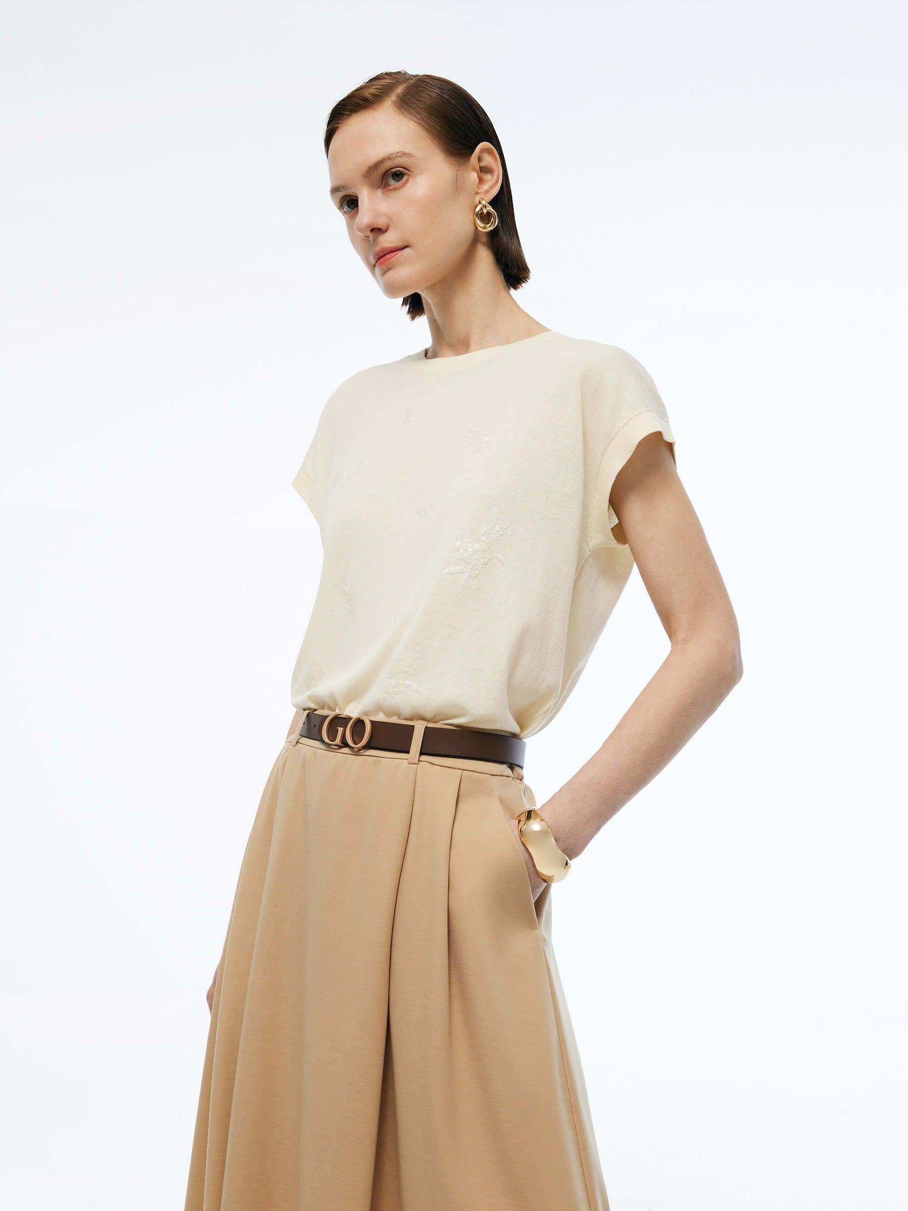 100% Cotton Sequined Embroidered Women Stretchy Knit Top Product Image