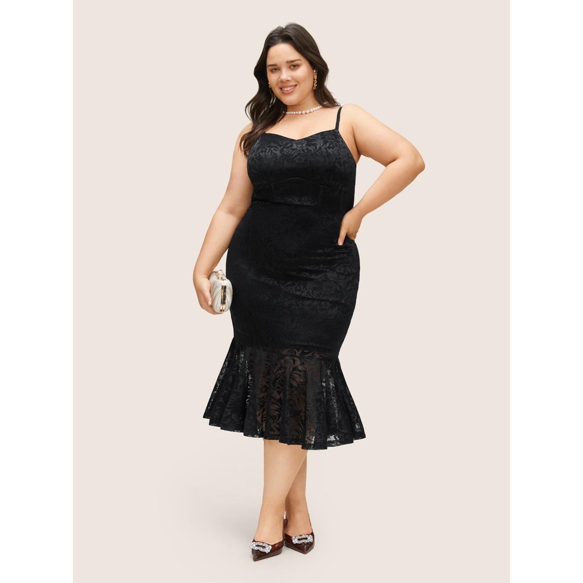 Plus Size Floral Lace Panel Mermaid Hem Cami Dress Black Women Cocktail See through Scoop Neck Sleeveless Curvy Midi Dress BloomChic 14-16/1X Product Image