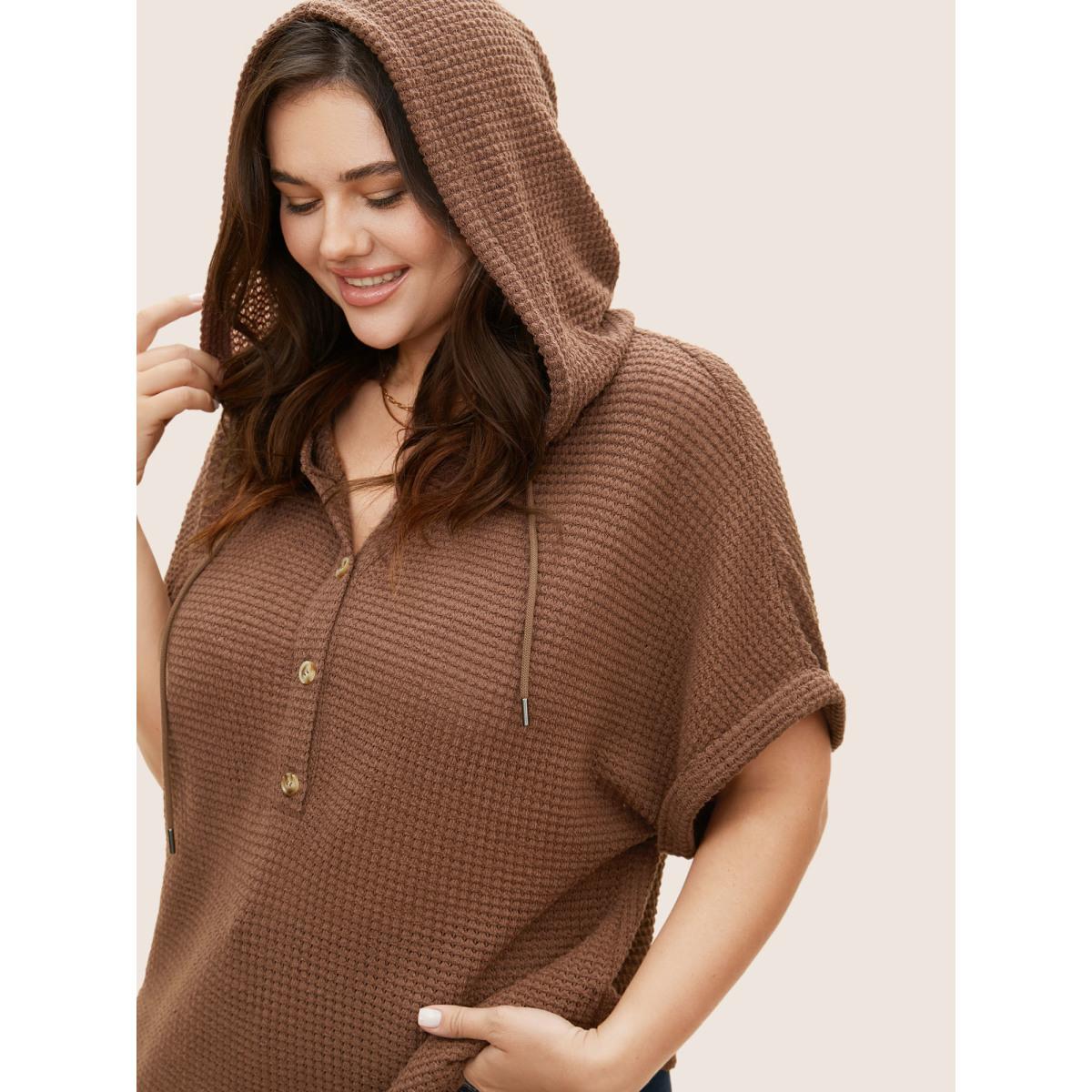 Plus Size Solid Hooded Drawstring Dolman Sleeve T-shirt DarkBrown Women Casual Texture Hooded Everyday T-shirts BloomChic 26/4X Product Image