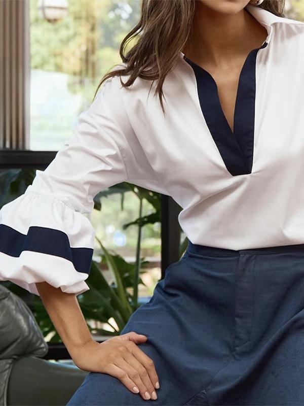 Loose Puff Sleeves Split-Joint Lapel Blouses&Shirts Tops Product Image