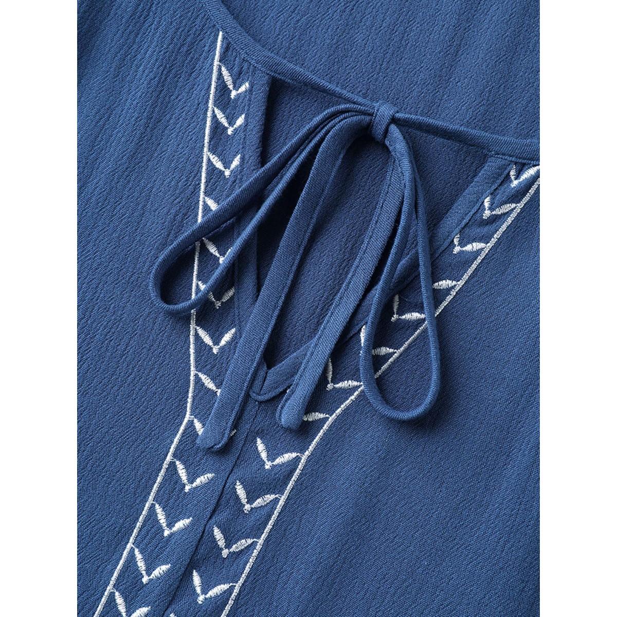 Plus Size DarkBlue Floral Embroidery Textured Neck Tie Blouse Women Boho Half Sleeve Flat collar with V-notch Vacation Blouses BloomChic 10/M Product Image