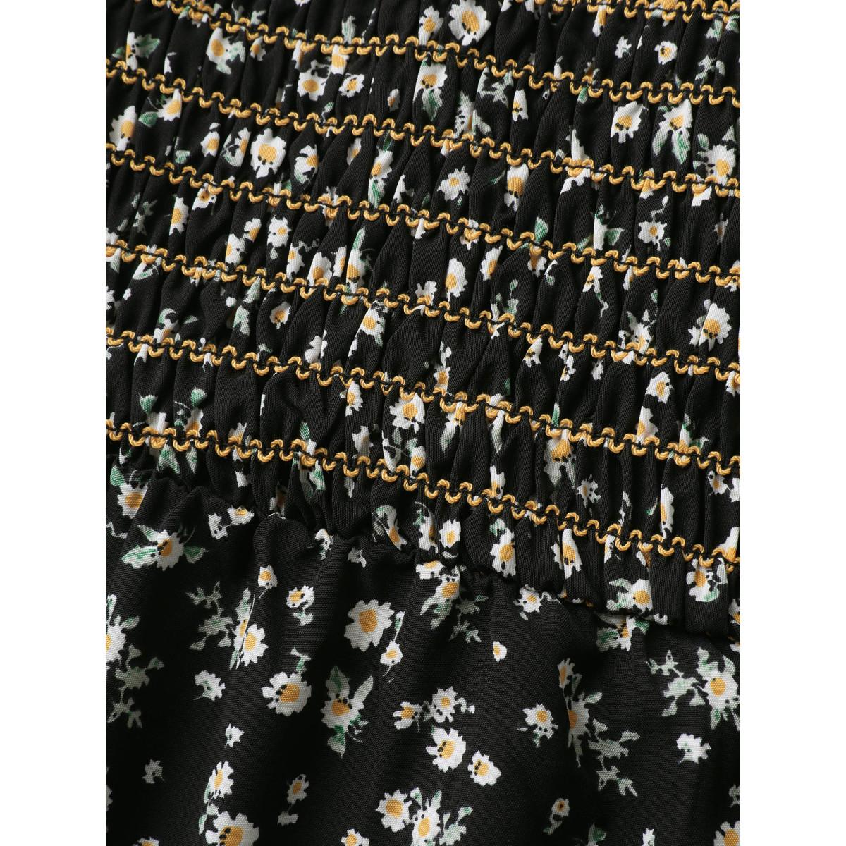 Plus Size Black Shirred Bust Floral Fit and Flared Blouse Women Short sleeve Square Neck Everyday-Elegant Blouses BloomChic 12/L Product Image