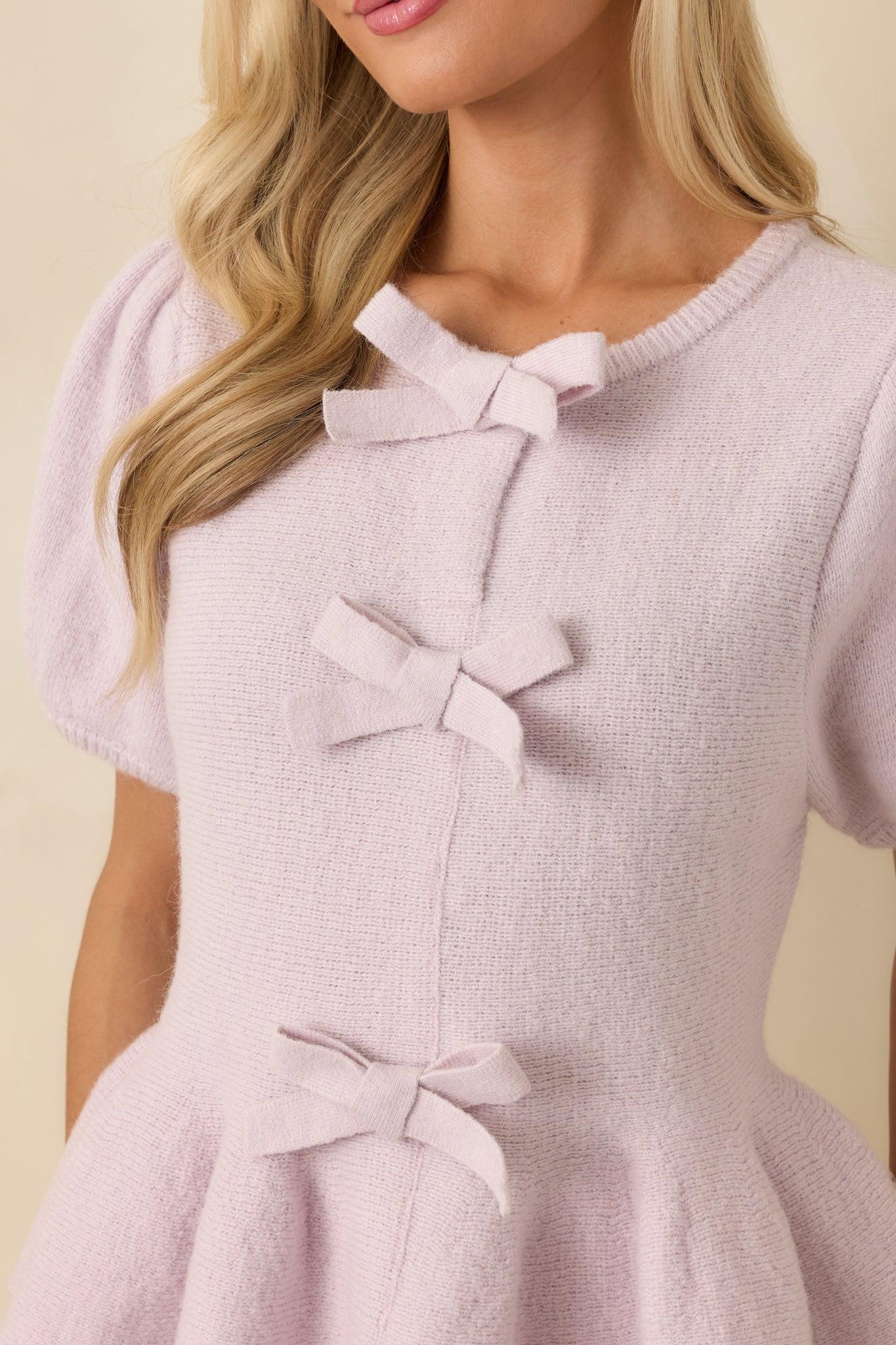 Soft Spoken Sweetness Lavender Knit Bow Detail Peplum Top Product Image