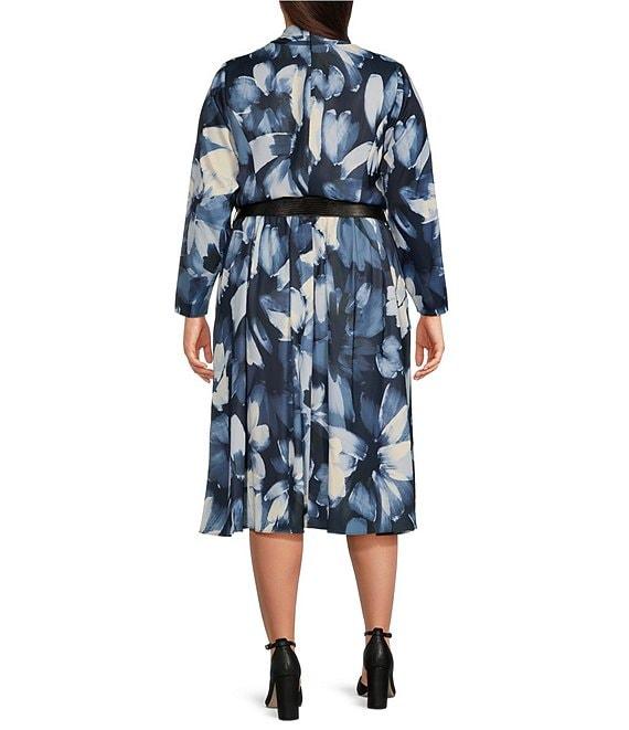 Donna Karan Plus Size V-Neck Long Sleeve Belted Fit and Flare Midi Dress Product Image