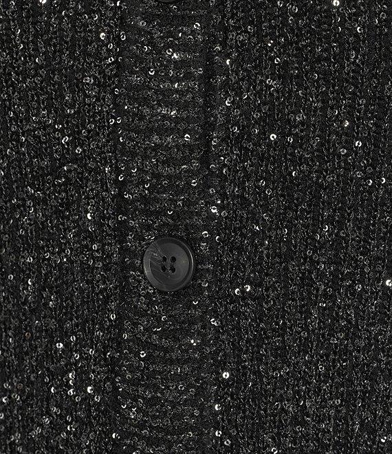 Greige Allover Sequin Crew Neck Long Sleeve Button-Front Sweater Cardigan Product Image