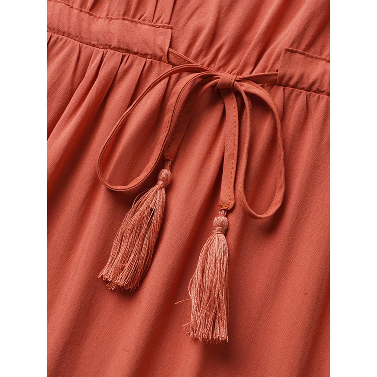 Plus Size Solid Drawstring Gathered Dolman Sleeve Dress Coral Women Resort Gathered V-neck Half Sleeve Curvy BloomChic 28/5X Product Image