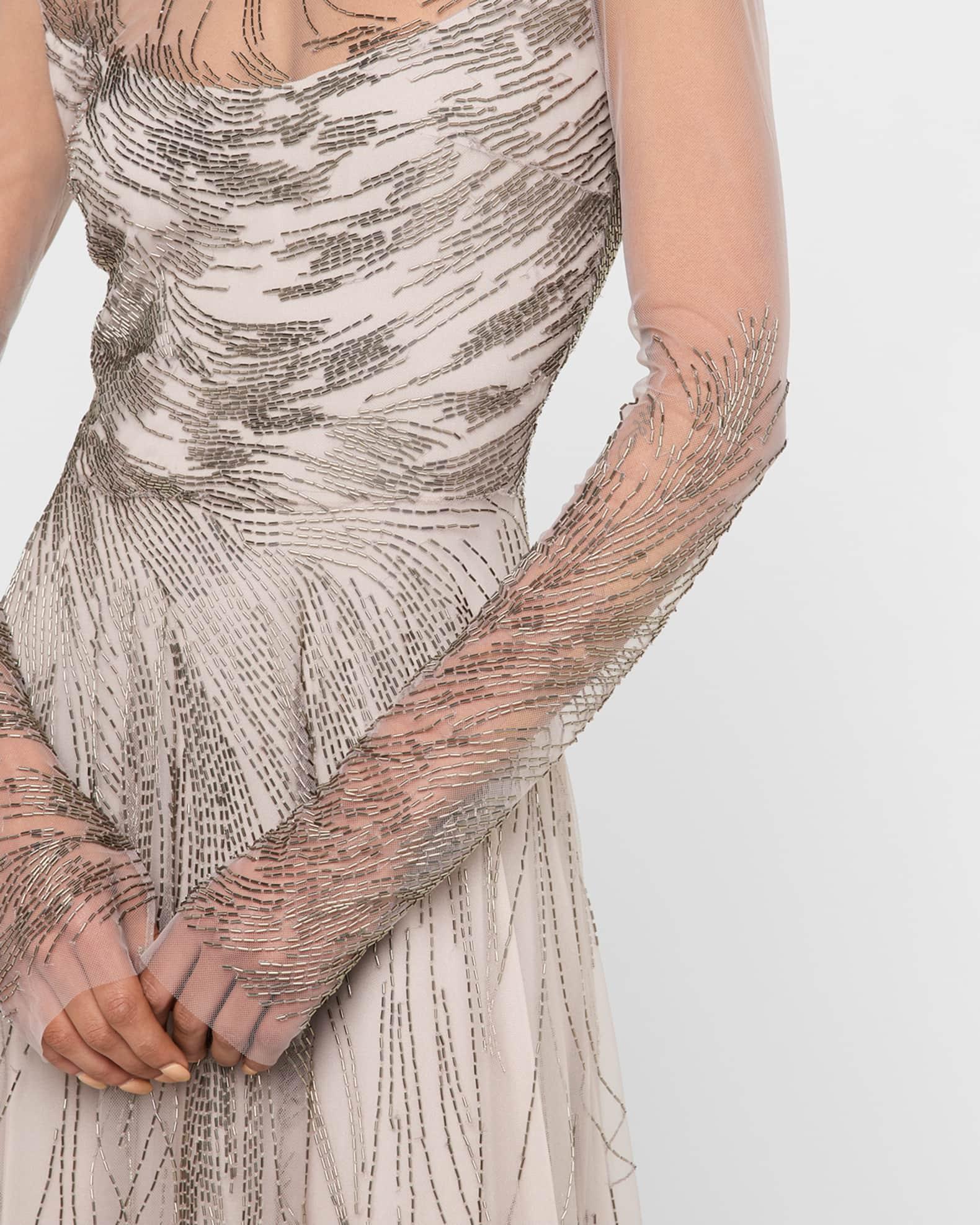 Abstract Beaded Long-Sleeve Illusion Gown Product Image