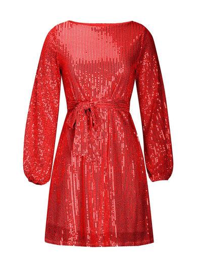 Sequin Tie Waist Long Sleeve Mini Dress Product Image