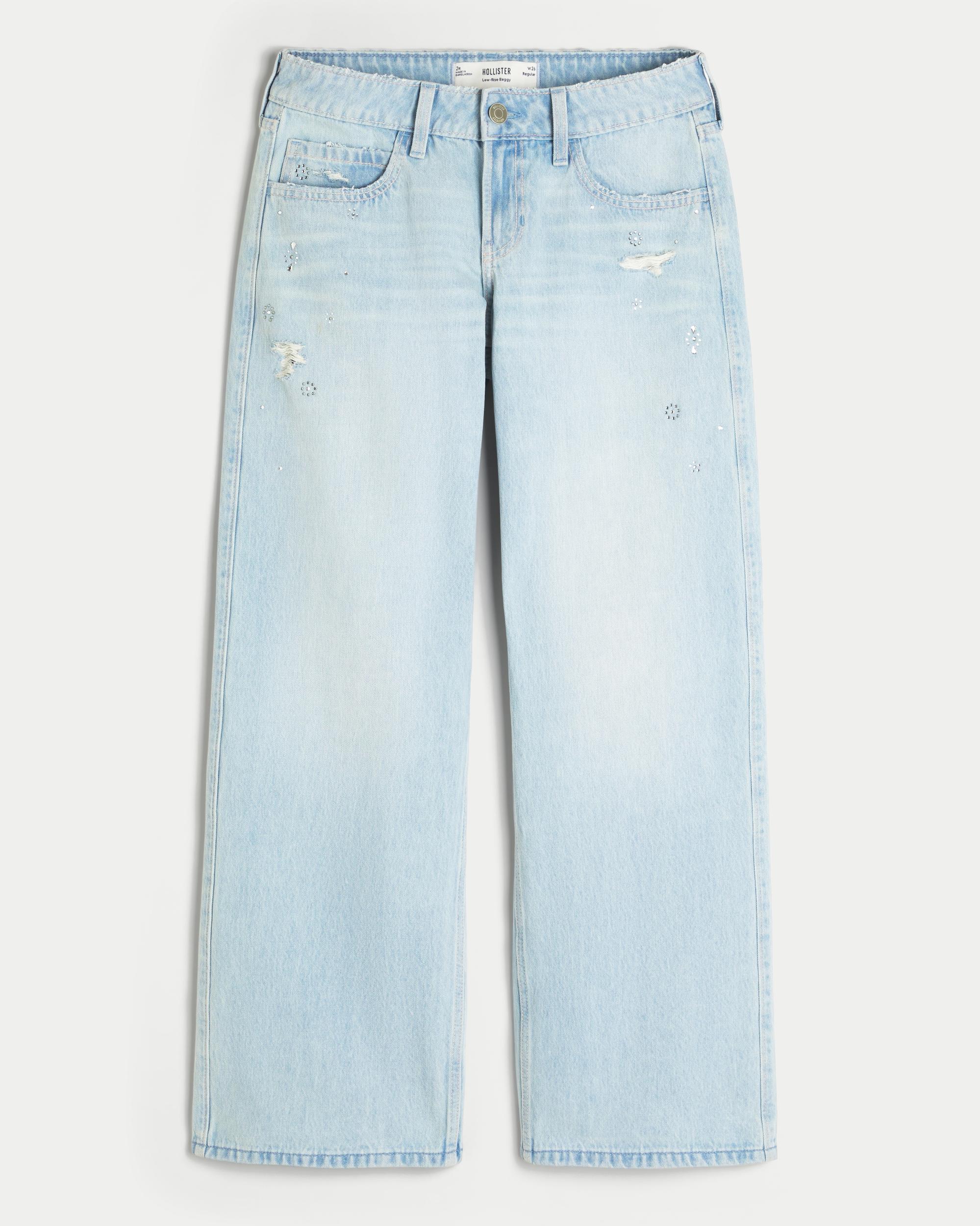 Low-Rise Distressed Light Wash Rhinestone Baggy Jeans Product Image