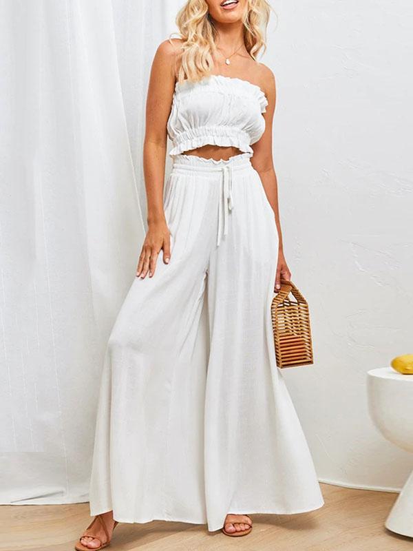 High Waisted Loose Drawstring Elasticity Pockets Solid Color Pants Trousers Product Image