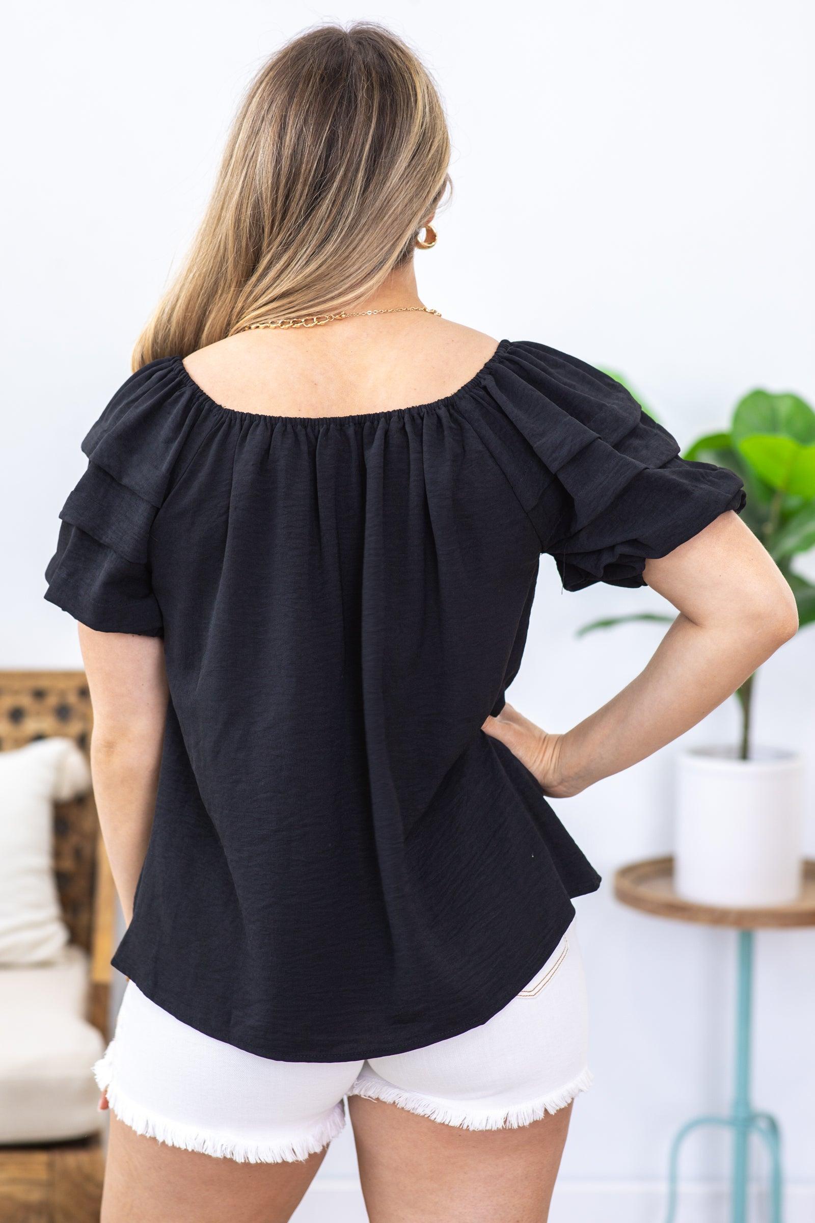 Black Tiered Puff Sleeve Woven Top Product Image
