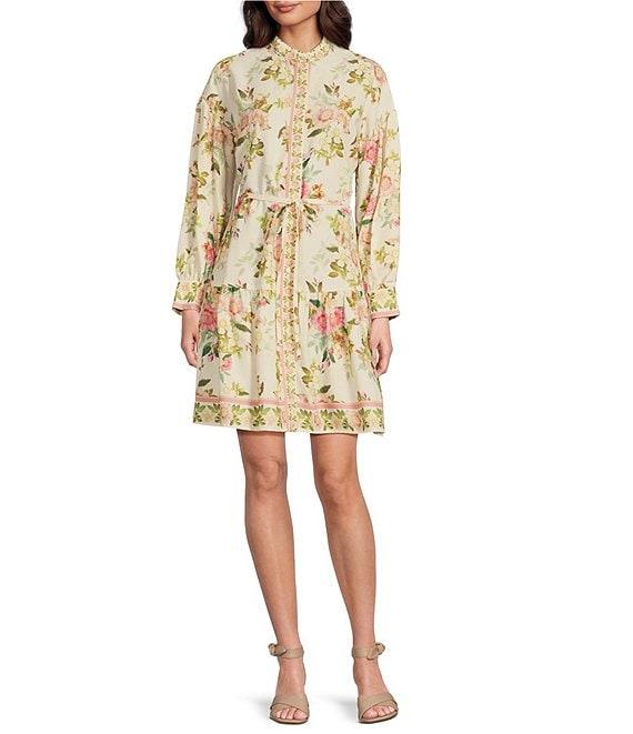 Alex Marie Wren Floral Print Banded Collar Long Sleeve Tie Waist A-Line Button Front Dress Product Image