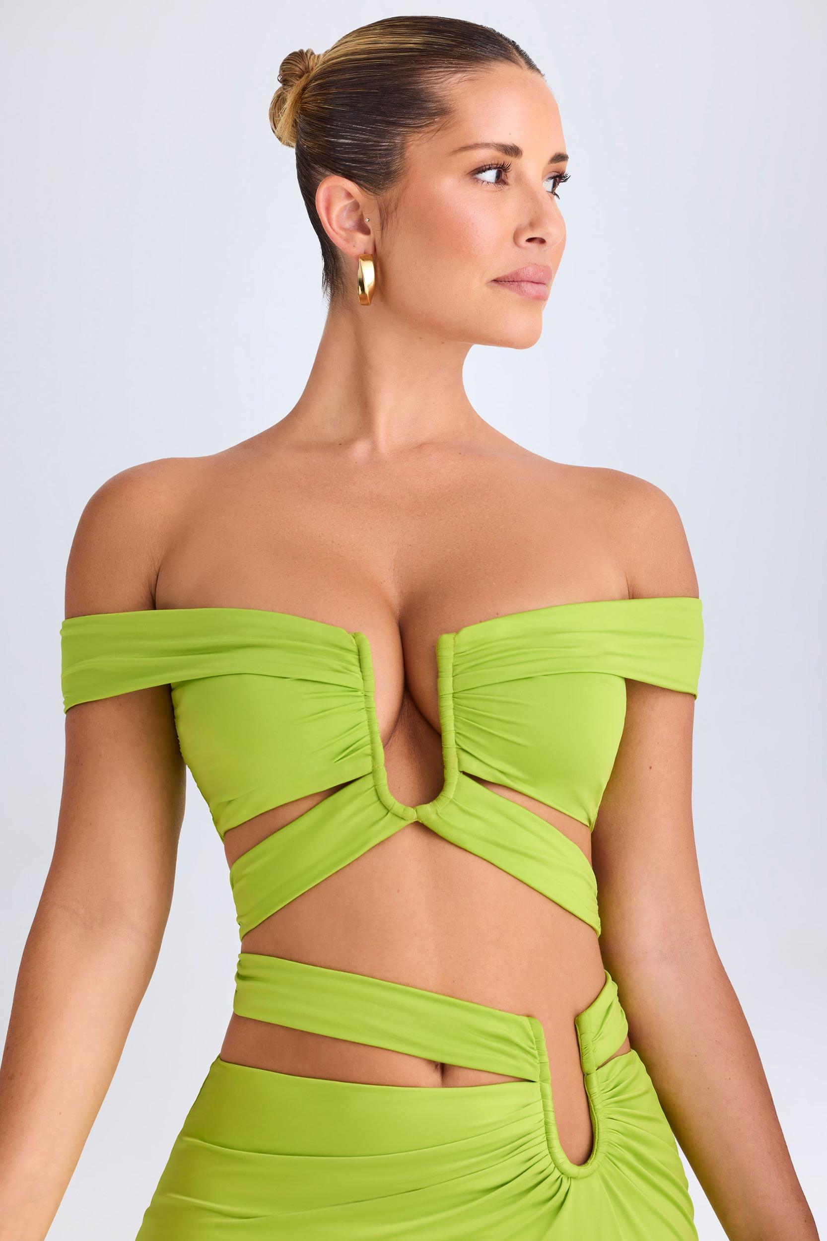 Cut-Out Off-Shoulder Crop Top in Lime Green Female Product Image