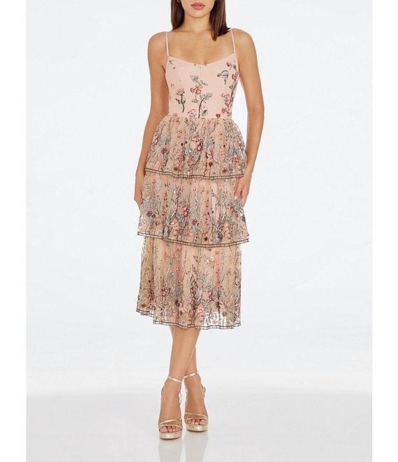 Dress the Population Loretta Floral Beaded Embroidered Sleeveless Tiered Midi Dress Product Image