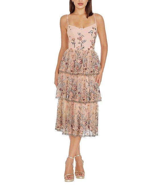 Dress the Population Loretta Floral Beaded Embroidered Sleeveless Tiered Midi Dress Product Image