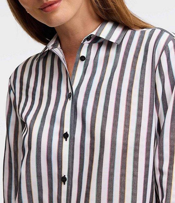 Foxcroft Frankie Stripe Collared Neckline Long Sleeve Top Product Image