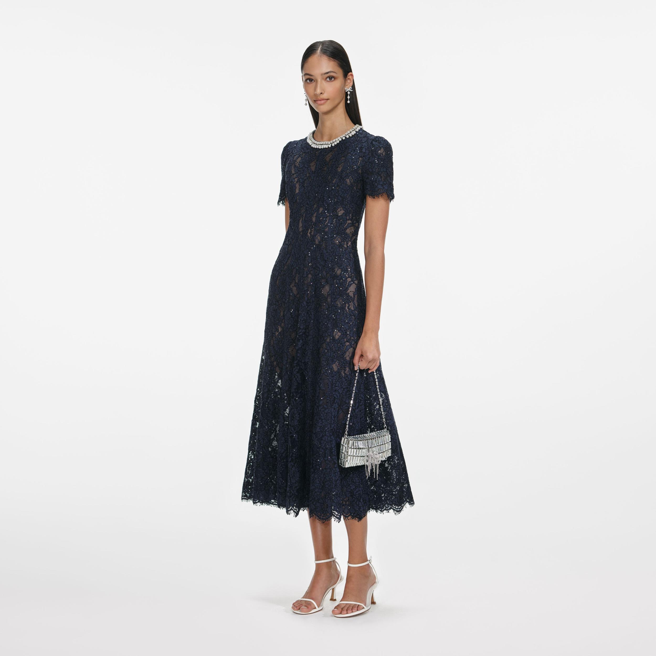 Navy Lace Embellished Midi Dress Product Image